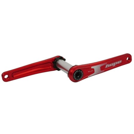 Red Hope EVO crankset with a spiderless design, featuring a polished aluminum arm and a black bottom bracket interface, suitable for 68/73mm shell widths and 155mm length.