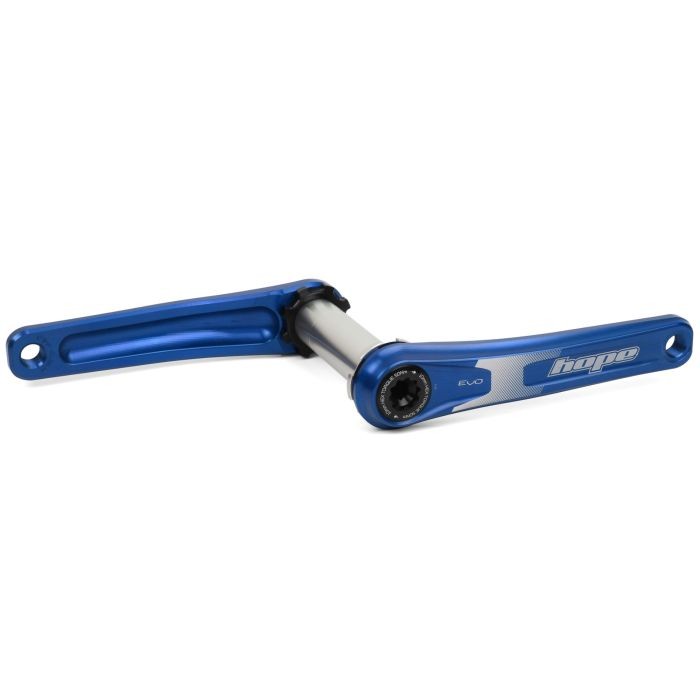 Blue aluminum Hope EVO crankset with a spiderless design, featuring a polished silver spindle and engraved logo, designed for 73mm bottom brackets and 155mm crank arm length.