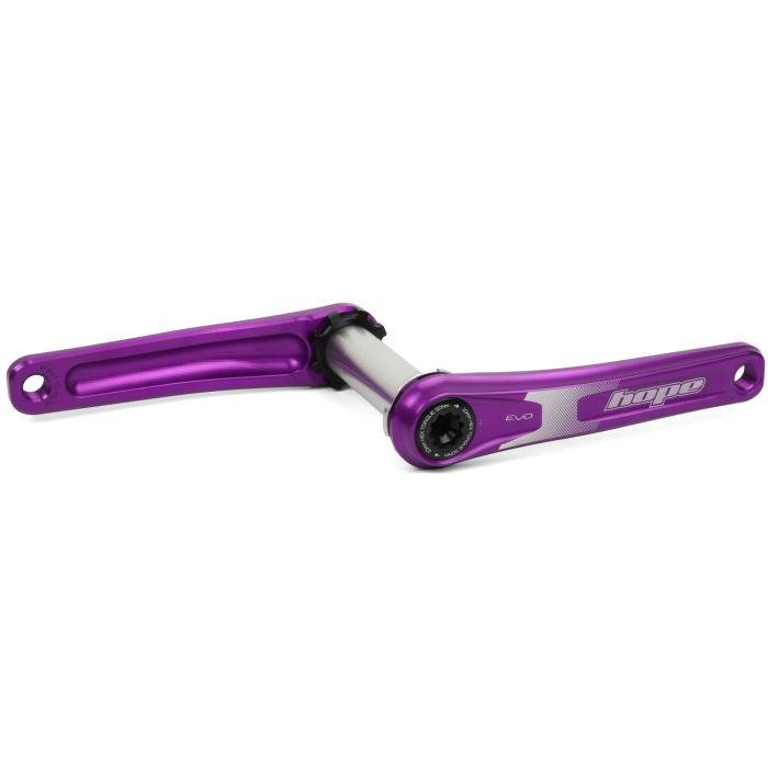Purple Hope EVO crankset with a spiderless design, featuring aluminum arms and a 165mm length, designed for 73mm bottom brackets, showcasing the brand logo prominently.