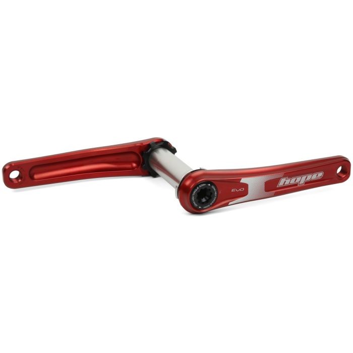 Red aluminum Hope EVO crankset with a spiderless design, featuring a 73mm width and 155mm crank arm length, showcasing a sleek finish and the Hope logo.