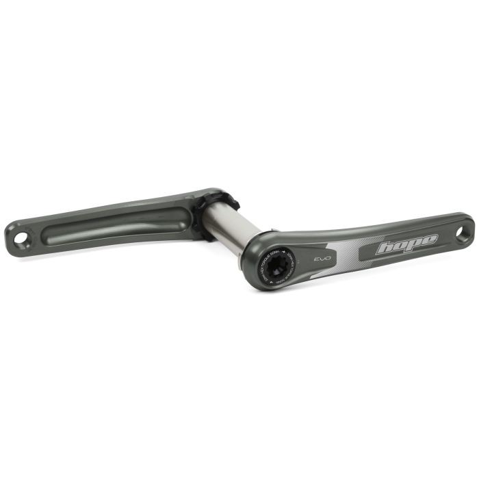 Hope EVO crankset in smoke grey, featuring a spiderless design, 165mm crank arms, and a polished aluminum finish, ideal for enhancing bike performance.