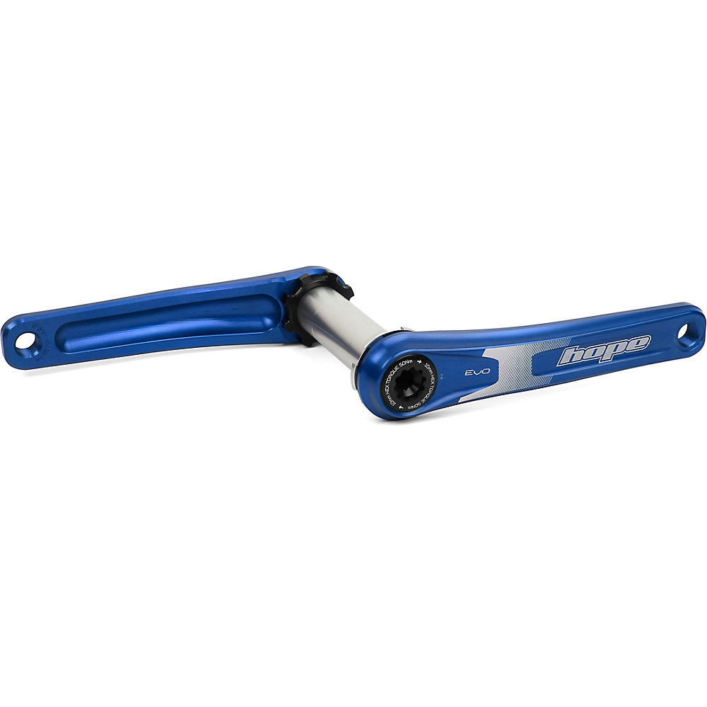 Blue aluminum Hope EVO crankset with a spiderless design, featuring a polished silver spindle and engraved logo, suitable for 68/73mm bottom brackets and 165mm crank arm length.