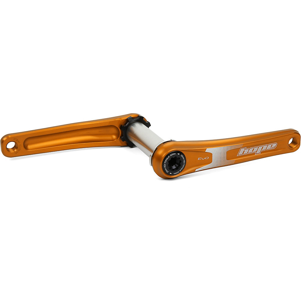 Hope EVO crankset in vibrant orange with a spiderless design, featuring a polished aluminum finish and 175mm crank arm length, suitable for 68/73mm bottom brackets.