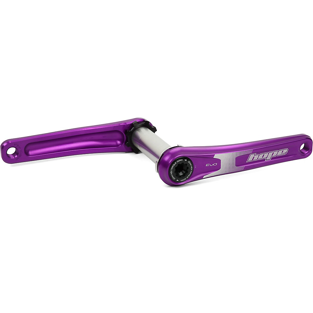 Purple Hope EVO crankset featuring a spiderless design, aluminum construction, and 170mm length, with a sleek finish and engraved "Hope" logo.