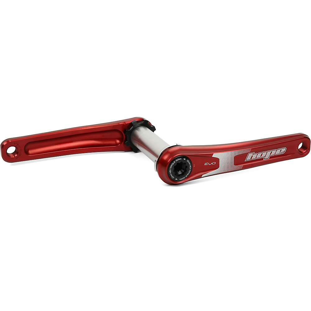 Red aluminum Hope EVO crankset with a spiderless design, featuring a polished silver spindle and engraved logo, suitable for 68/73mm bottom brackets and 175mm arm length.
