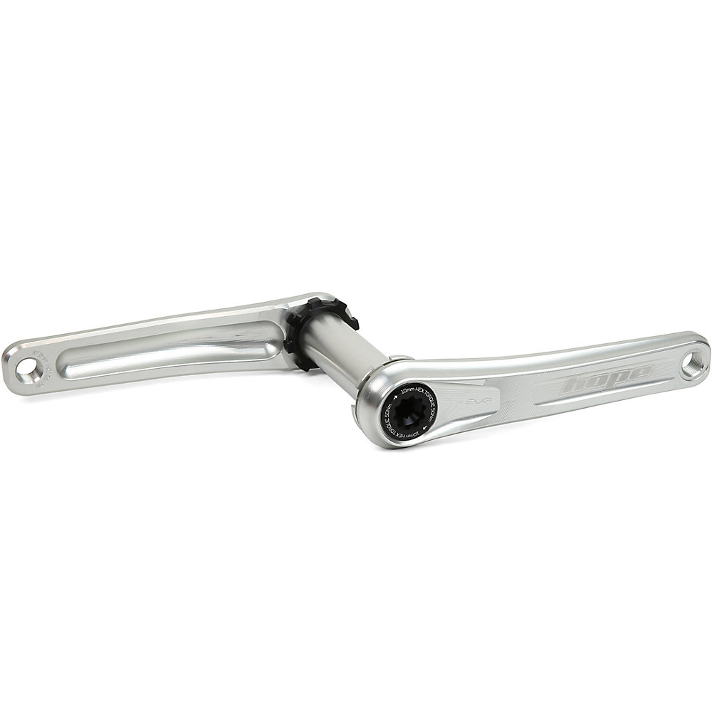 Silver Hope EVO crankset with a spiderless design, featuring a polished aluminum finish, 170mm length, and compatibility for 68/73mm bottom brackets.
