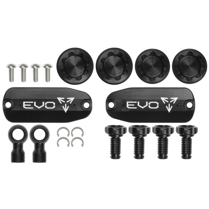 Black aluminum Hope EVO GR4 Custom Kit featuring two plates with "EVO" logo, four black knobs, screws, and additional mounting hardware.