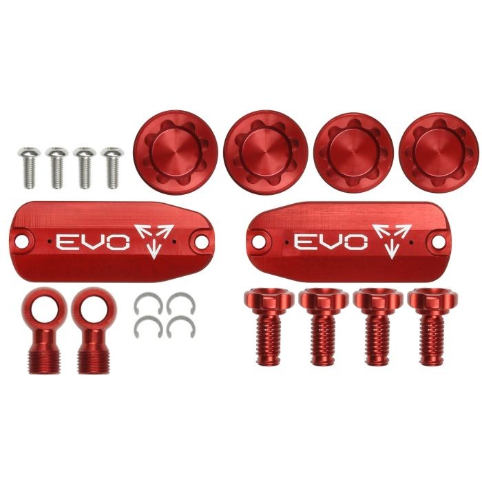 Bright red aluminum Hope EVO GR4 Custom Kit featuring various components including caps, bolts, and fittings, all designed for durability and performance.