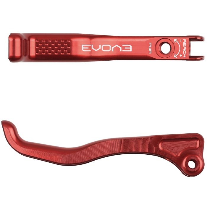 Red anodized aluminum lever blade with a sleek design, featuring a textured grip area and adjustable reach, designed for enhanced braking performance.
