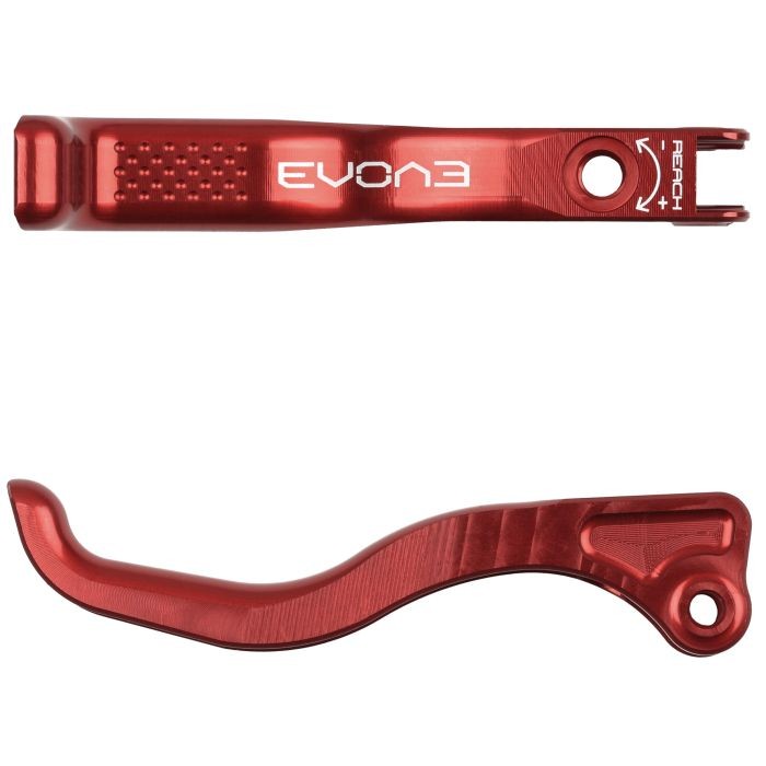 Red aluminum lever blade with a textured grip area, featuring the "EVO" logo and an adjustable reach mechanism, designed for bicycle brake systems.