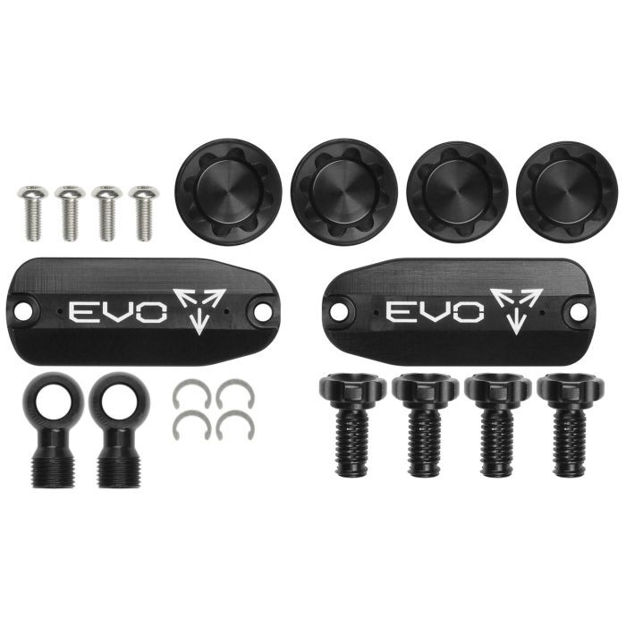 Black Hope EVO TR4 Custom Kit featuring anodized aluminum components, including two plates with engraved "EVO" logo, screws, and various fittings for bike customization.