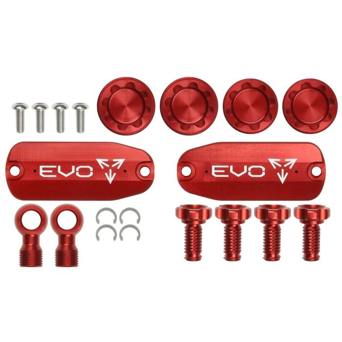 Red anodized aluminum components including caps, bolts, and fittings, featuring the "EVO" logo, designed for the Hope EVO TR4 custom kit.