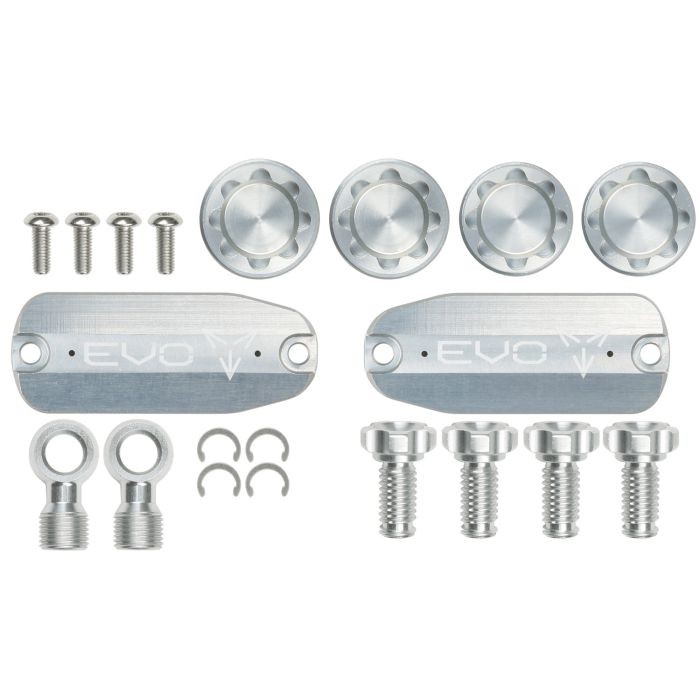 Silver aluminum Hope EVO TR4 Custom Kit featuring four circular caps, two elongated plates, and various screws and washers for assembly.