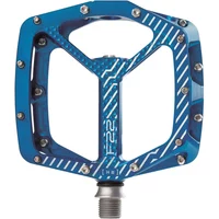 Blue Hope F22 flat pedal with textured surface, silver pins, and a central cutout design.