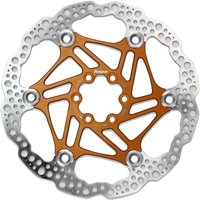 Orange Hope Floating Rotor, 160mm, 6 Bolt, with silver perforated outer ring and intricate geometric design.