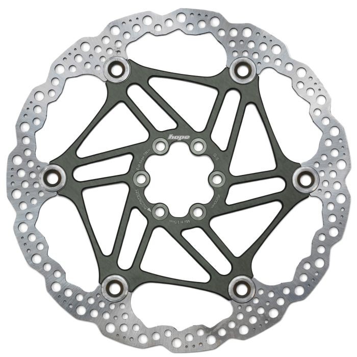 200mm floating rotor with a green aluminum center and silver stainless steel outer ring, featuring a unique star-shaped design and multiple drilled holes for improved performance.
