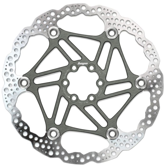 Hope Floating Rotor in Smoke finish, 203mm diameter, features a sleek stainless steel design with intricate cutouts and a central logo, ideal for high-performance braking.