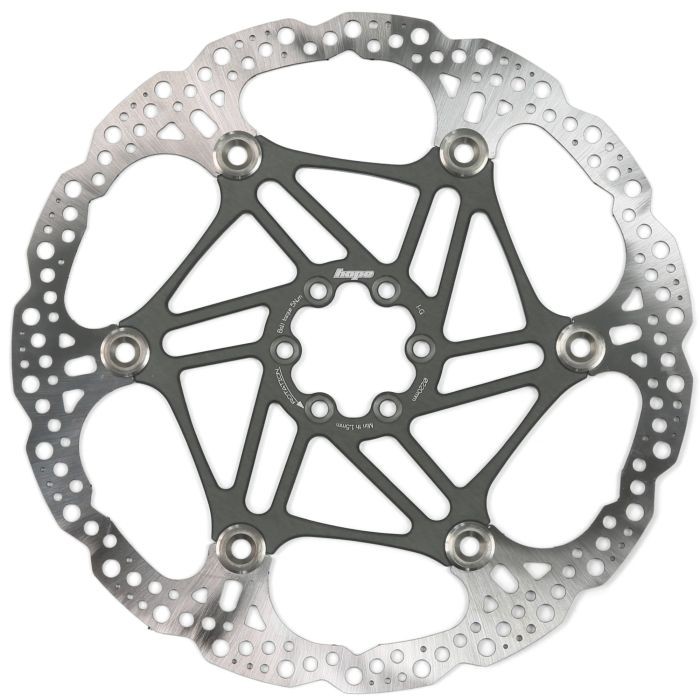 Hope Floating Rotor in smoke finish, 220mm diameter, featuring a lightweight, intricately designed stainless steel structure with multiple cooling holes and a central logo.