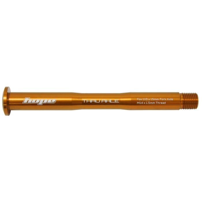 An orange aluminum thru axle with "hope THRU AXLE" engraved, designed for Fox Racing Shox, featuring M14 x 1.5mm threading and a 110mm length.