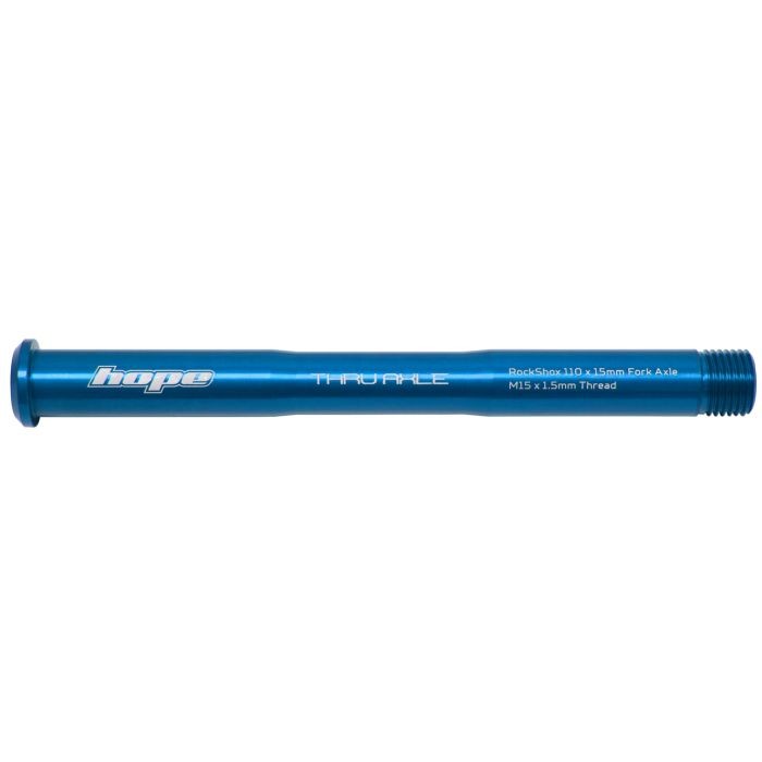 Blue aluminum thru axle for RockShox forks, featuring engraved "hope" branding and specifications, with a M15 x 1.5mm thread for secure attachment.