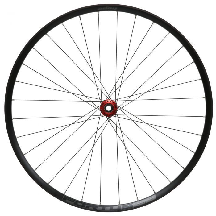 26-inch Hope Fortus 26W Pro5 front wheel featuring a black rim, red centre lock hub, and 110mm x 15mm Boost spacing, designed for durability and performance.