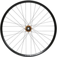 Black Hope Fortus 30W Pro 5 6 Bolt 29" rear wheel with orange hub and silver spokes.