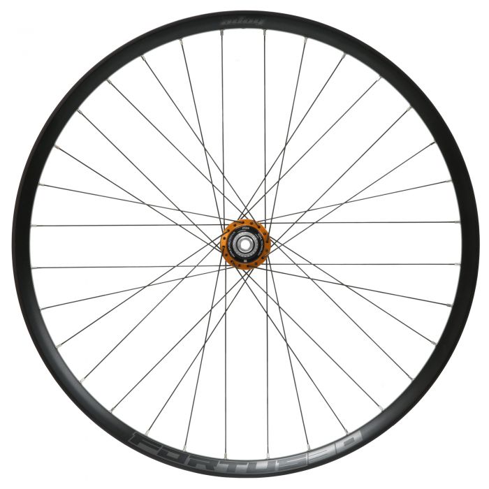 30W Pro5 rear wheel featuring a 148x12mm Boost hub, 29-inch size, aluminum construction, black spokes, and an orange hub with 6 bolt disc brake mount.