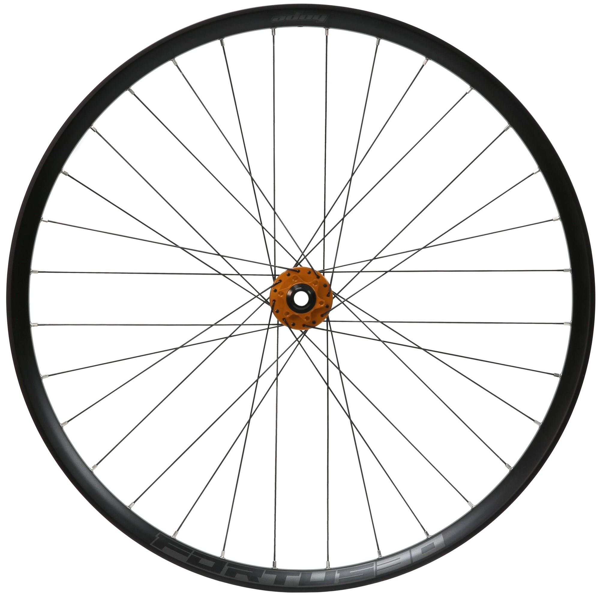 30W Pro5 front wheel by Hope, featuring a black rim, orange hub, 110mm x 15mm Boost spacing, 27.5-inch size, and 6 bolt disc brake mount.