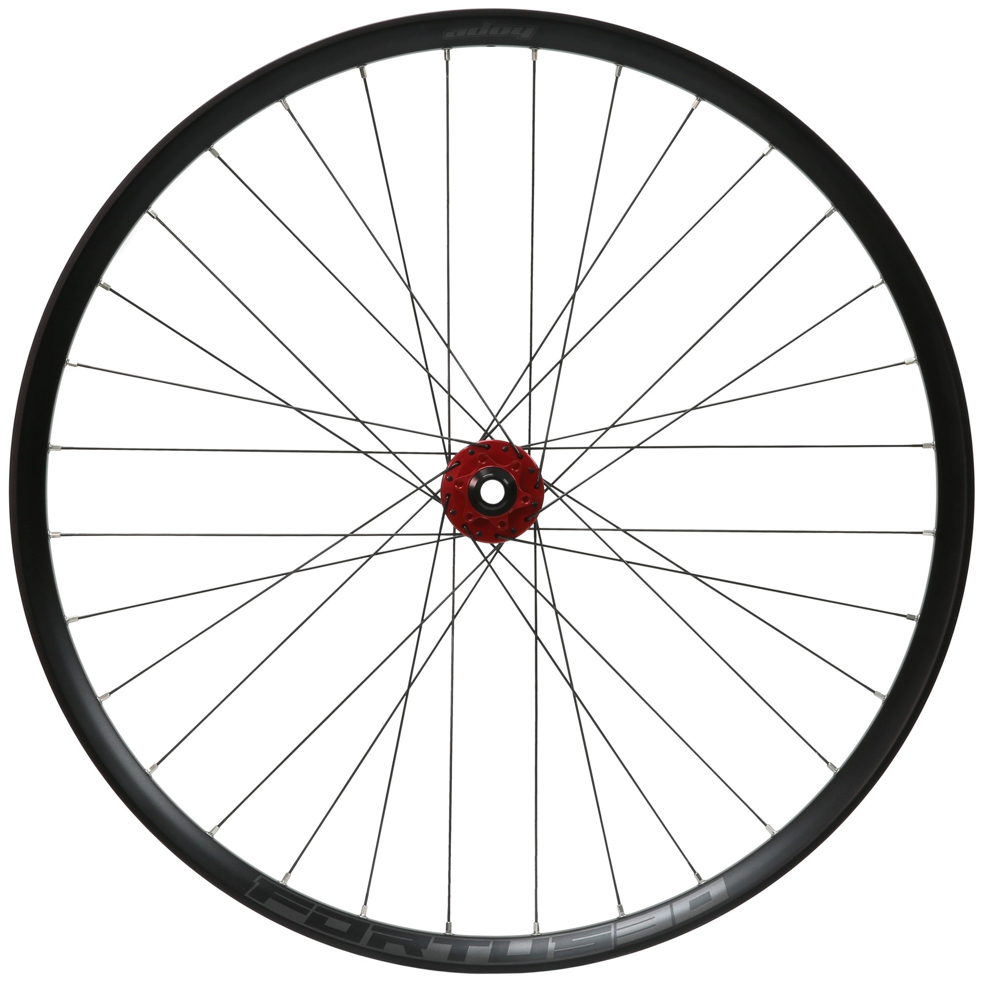 30W Pro5 front wheel in black with a red hub, measuring 110mm x 15mm Boost, featuring 6 bolt disc brake mounts and designed for 27.5-inch bikes.