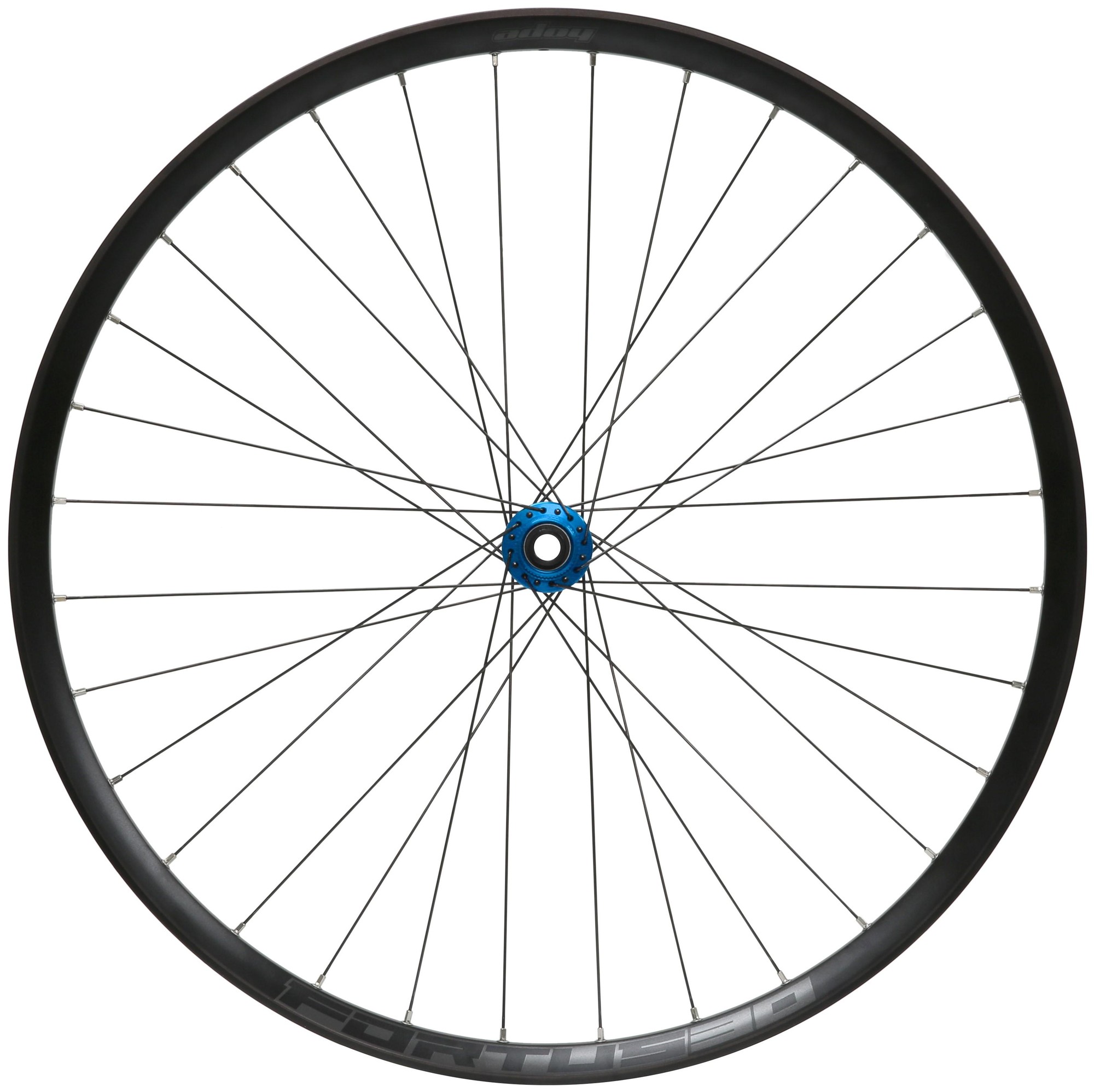 30W Pro5 front wheel in black with a blue centre lock hub, featuring a 110mm x 15mm Boost spacing and 29-inch diameter, designed for durability and performance.