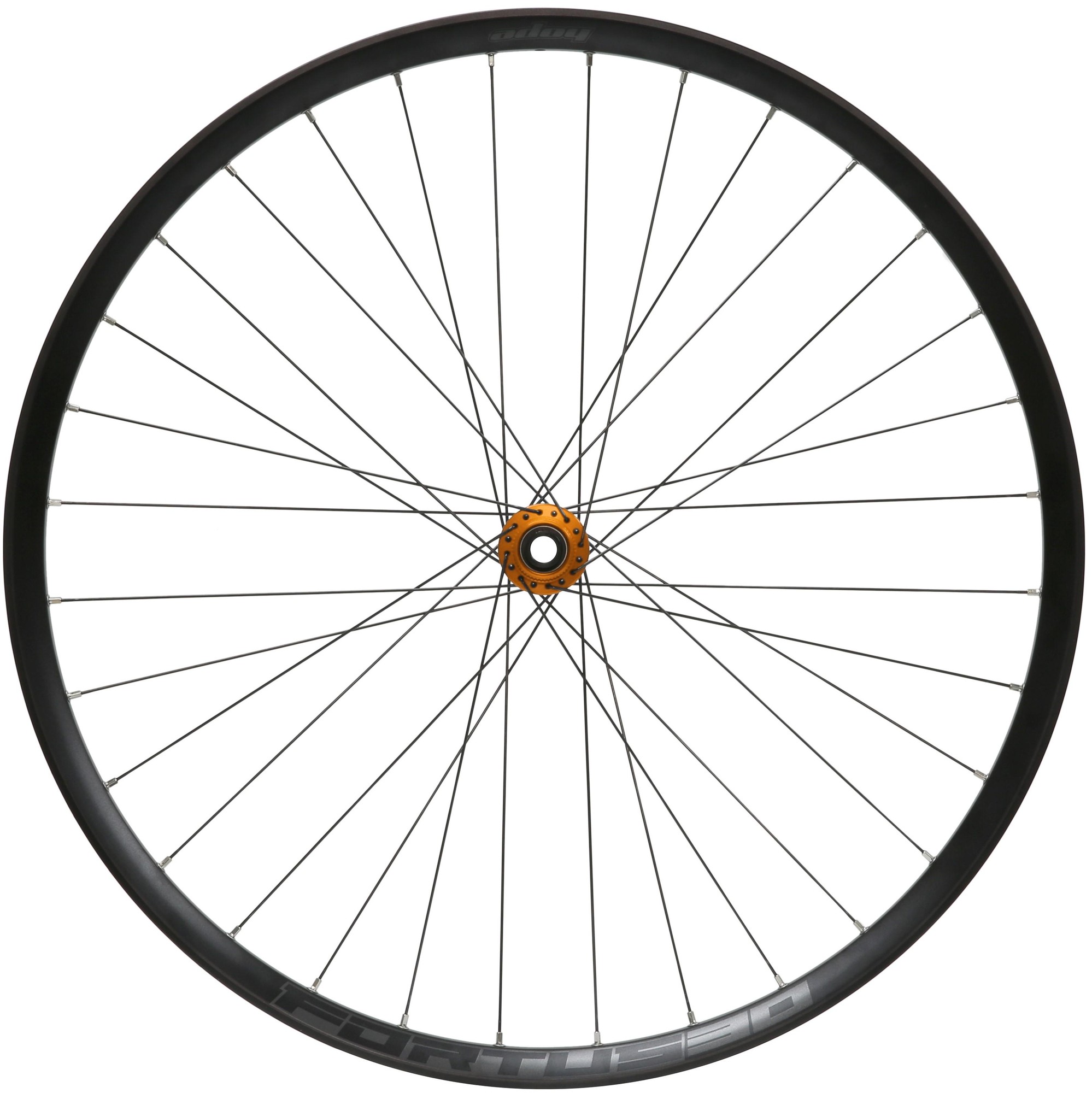 30W Pro5 front wheel by Hope, featuring a 110mm x 15mm Boost hub, 29-inch diameter, black rim, orange center lock, and multiple spokes for strength and performance.