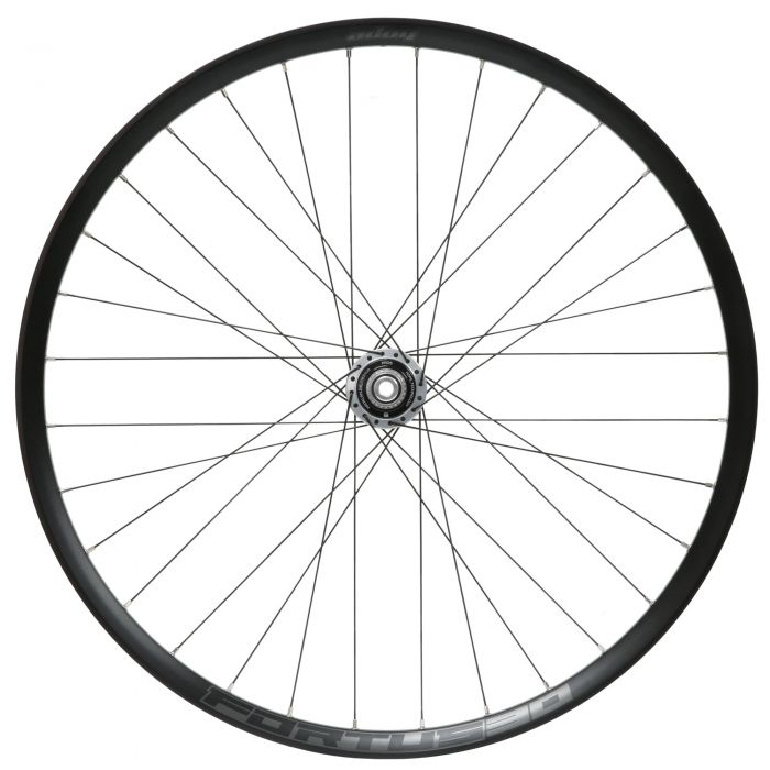 30W Pro5 rear wheel by Hope, featuring a 142x12mm hub, 27.5-inch diameter, 6 bolt disc brake mount, and a sleek silver finish with black spokes and rim.
