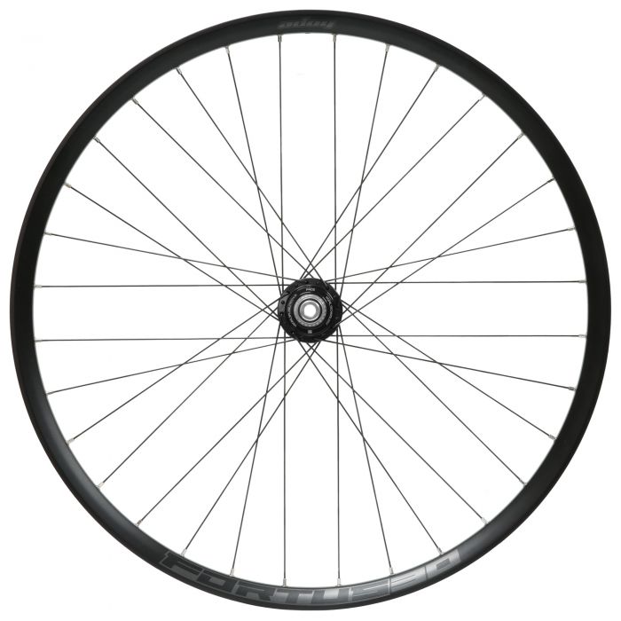 Black 27.5-inch Hope Fortus 30W Pro5 rear wheel with a 142x12mm hub, featuring a Centre Lock disc brake mount and Micro Spline compatibility, showcasing a sleek, lightweight design.