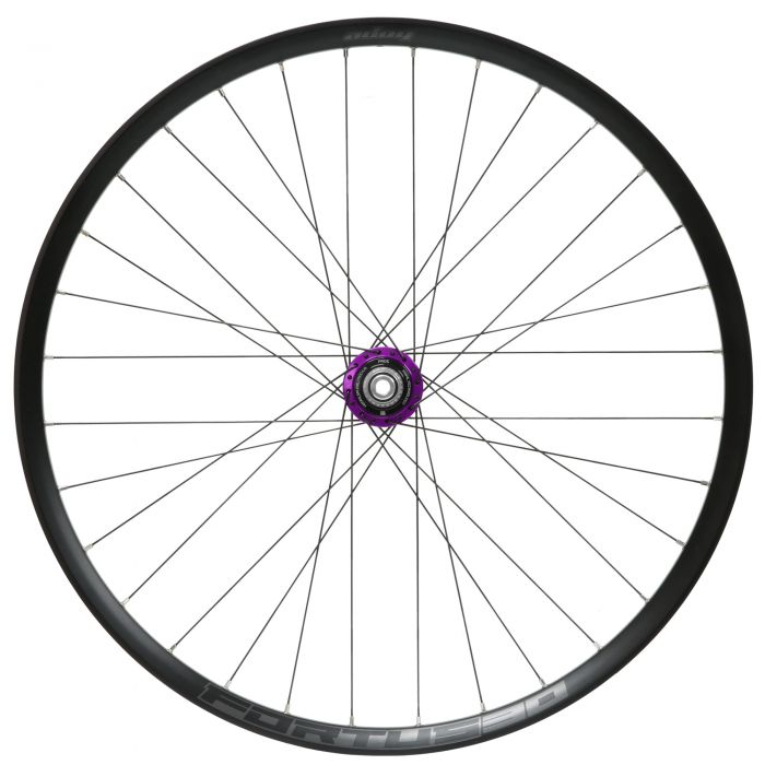 30-inch Hope Fortus 30W Pro5 rear wheel featuring a black aluminum rim, purple hub, 6 bolt disc brake compatibility, and 142x12mm axle size.