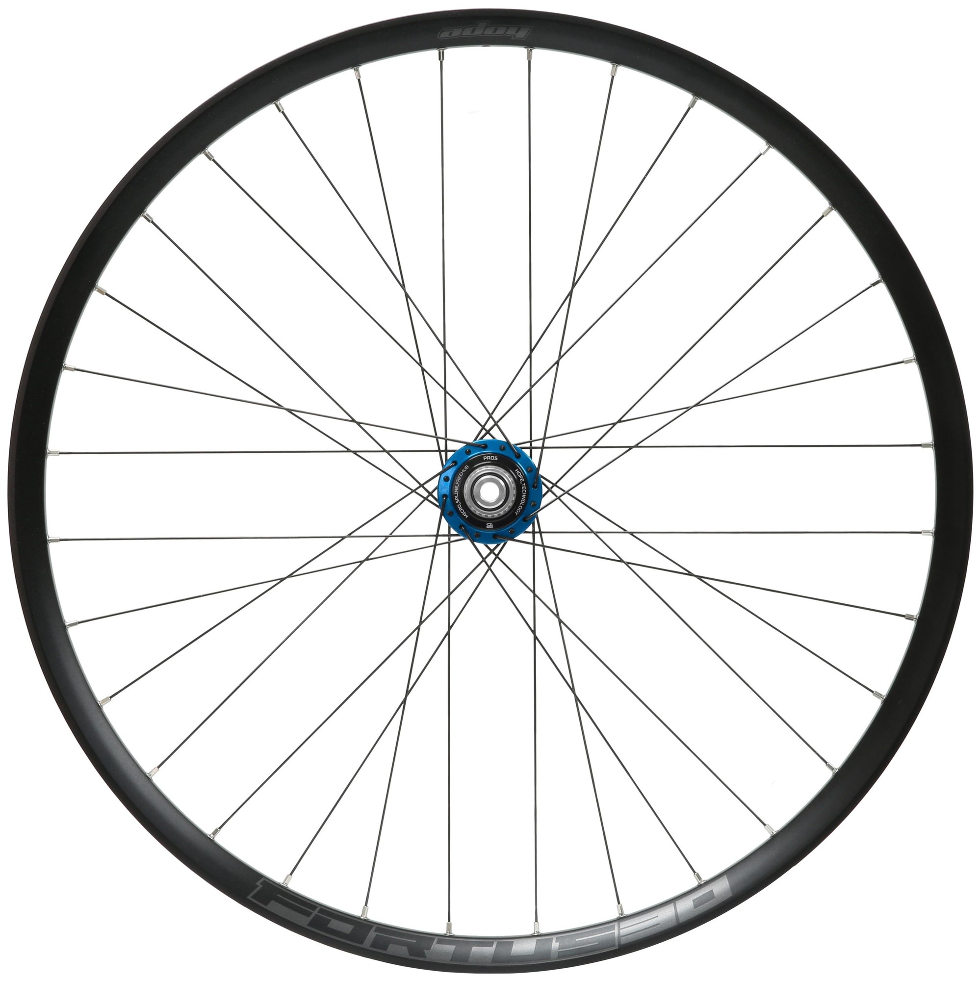 30W Pro5 rear wheel featuring a 148x12mm Boost hub, 27.5-inch diameter, 6-bolt disc mount, and a striking blue micro spline hub, with a sleek black rim and spokes.