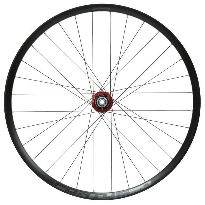 30W Pro5 rear wheel by Hope, featuring a 148x12mm Boost hub, 27.5-inch size, 6-bolt disc mount, and a striking red micro spline hub, with a sleek black rim and spokes.