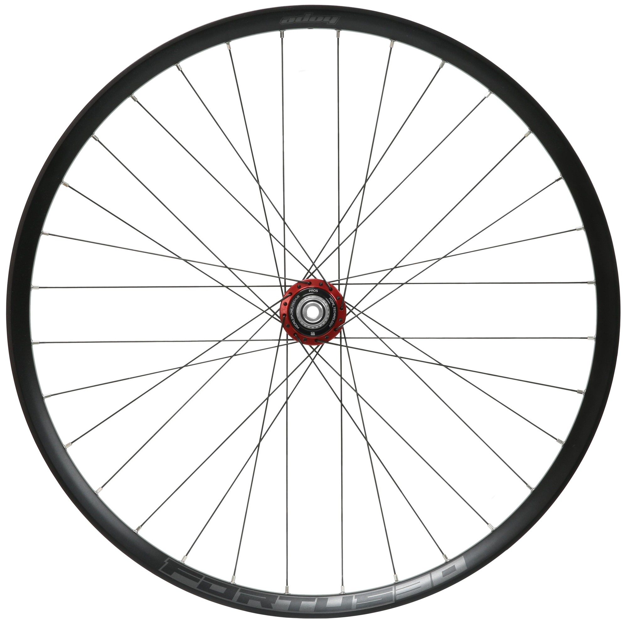30-inch Hope Fortus 30W Pro5 rear wheel featuring a black rim, red hub, 148x12mm Boost spacing, 6-bolt disc mount, and Micro Spline compatibility.