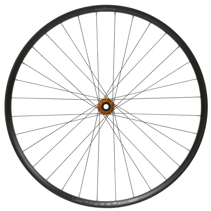 30W SC Pro5 front wheel with a 110mm x 15mm Boost hub, featuring a black rim, orange hub, and a 27.5-inch diameter, designed for Centre Lock disc brakes.