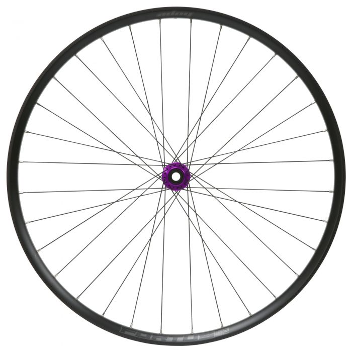 30W SC Pro5 front wheel in black with a purple center lock hub, designed for 110mm x 15mm Boost, featuring a 29-inch diameter and a sleek spoke design.
