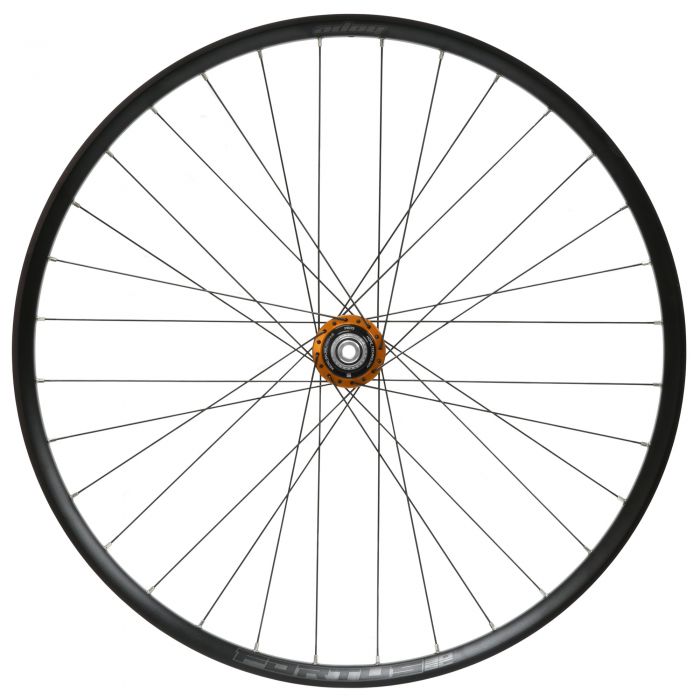 30W SC Pro5 rear wheel in 27.5 inch size, featuring a black rim, orange hub, 142x12mm axle, 6 bolt disc mount, and Micro Spline compatibility.