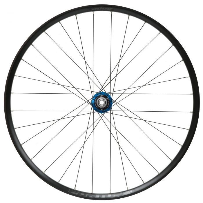 30-inch black rear wheel with a blue hub, featuring a Centre Lock design, 142x12mm axle, and SRAM XD compatibility, showcasing a sleek and sturdy construction.