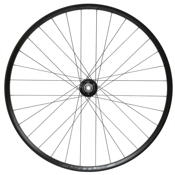 Black 29-inch rear wheel with a 148x12mm Boost hub, featuring a Centre Lock disc brake mount and standard steel spokes, designed for durability and performance.