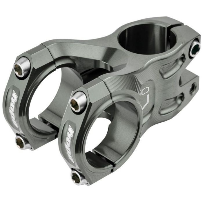 Hope Gravity Stem in smoke color, featuring a robust aluminum construction, 35mm clamp diameter, and 50mm length, with a sleek design and engraved logo.