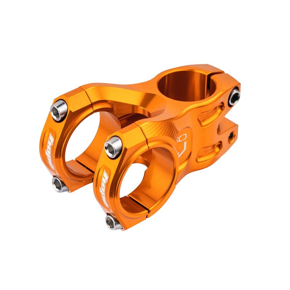 Bright orange aluminum stem with a 35mm clamp diameter and 50mm length, featuring a sleek design and four visible bolts for secure attachment.
