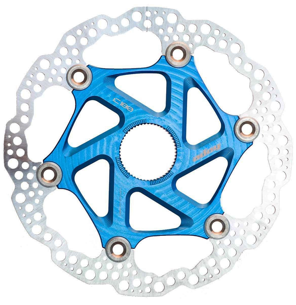 Hope MTB Centre Lock Floating Rotor in 180mm features a blue aluminum hub with a silver stainless steel rotor, showcasing a unique, intricate design with multiple cutouts and holes.