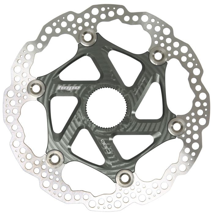 Hope MTB Centre Lock Floating Rotor in smoke grey, 180mm diameter, features a lightweight design with a distinctive cut-out pattern and six mounting holes for easy installation.