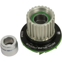 Hope Pro 5 12-Speed Freehub, Shimano MicroSpline, silver with green accents, ribbed cylindrical design, includes adapter.