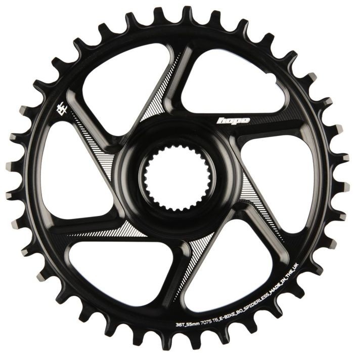 Black 34T chainring with a wide direct mount design, featuring intricate cutouts and a polished finish, made from durable aluminum, ideal for Bosch Gen4 E-Bikes.
