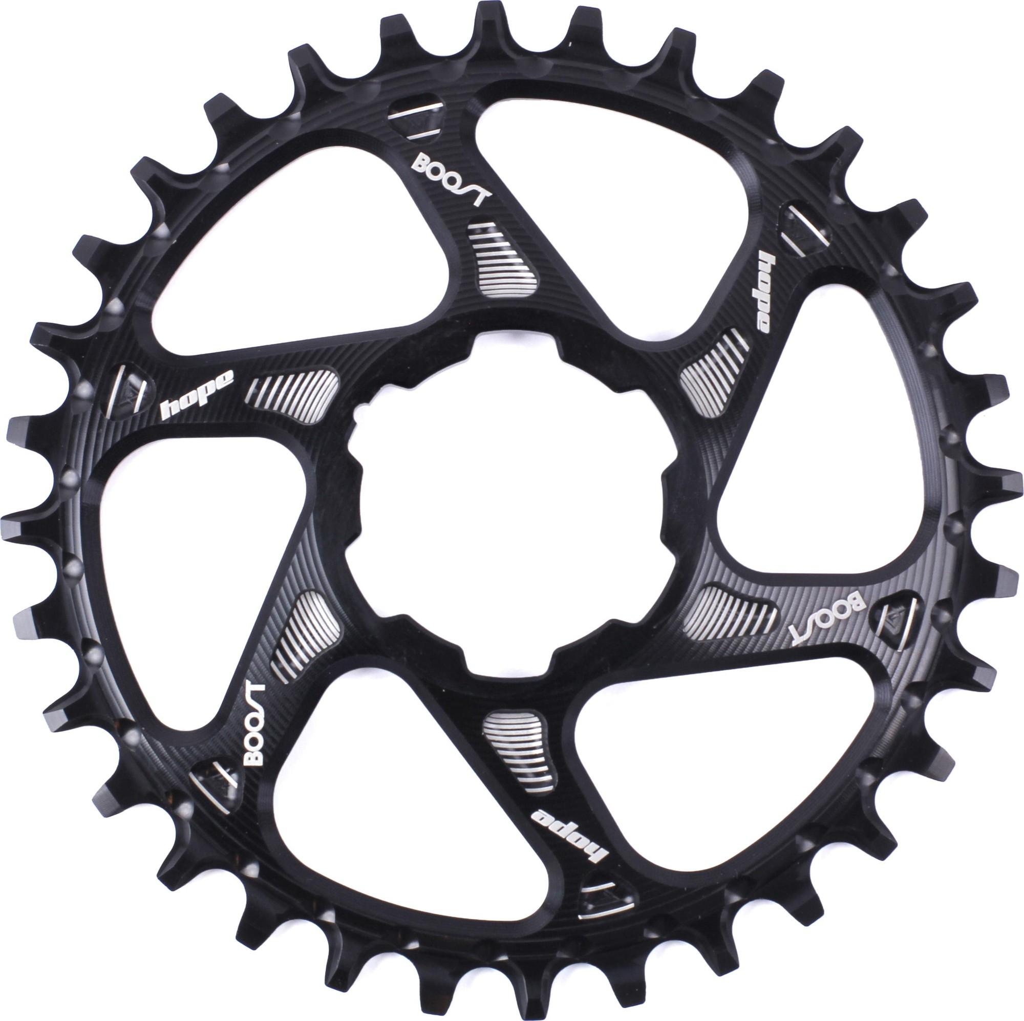 Black carbon fiber chainring with 30 teeth, featuring a spiderless design and direct mount compatibility, labeled with "Hope" and "Boost" for enhanced performance.