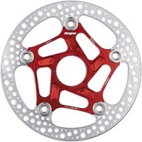 Silver and red Hope RX Centre Lock Disc Rotor with perforated outer ring and intricate central design.